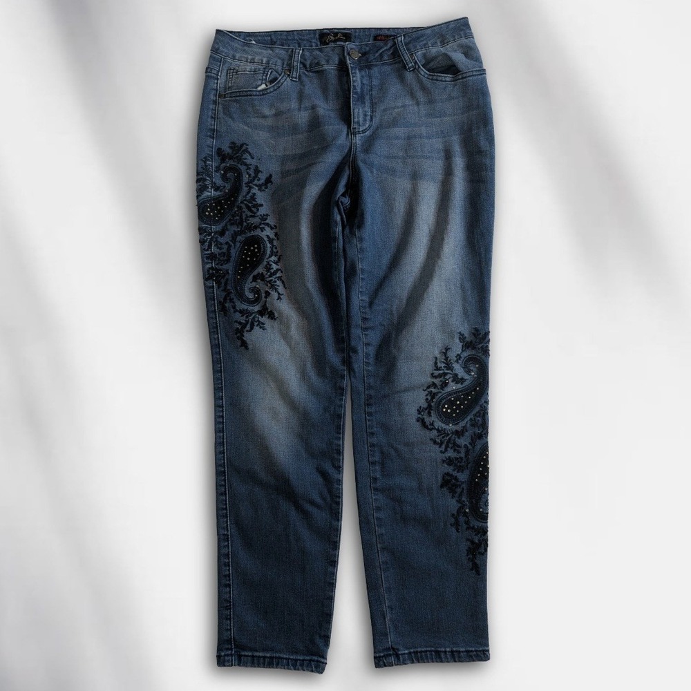 Earl Jean Womens Size 14 Skinny Ankle Jeans Dark Wash Embroidered Studded Boho